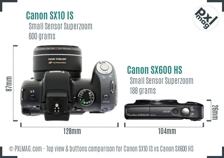 Canon SX10 IS vs Canon SX600 HS top view buttons comparison