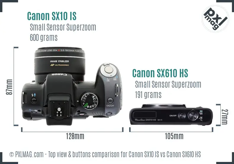 Canon SX10 IS vs Canon SX610 HS top view buttons comparison