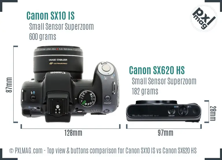 Canon SX10 IS vs Canon SX620 HS top view buttons comparison