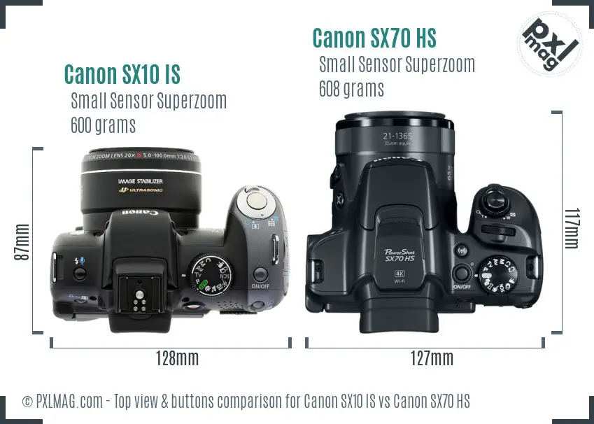 Canon SX10 IS vs Canon SX70 HS top view buttons comparison
