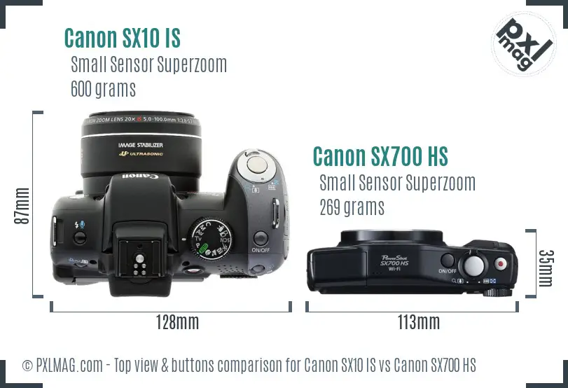 Canon SX10 IS vs Canon SX700 HS top view buttons comparison