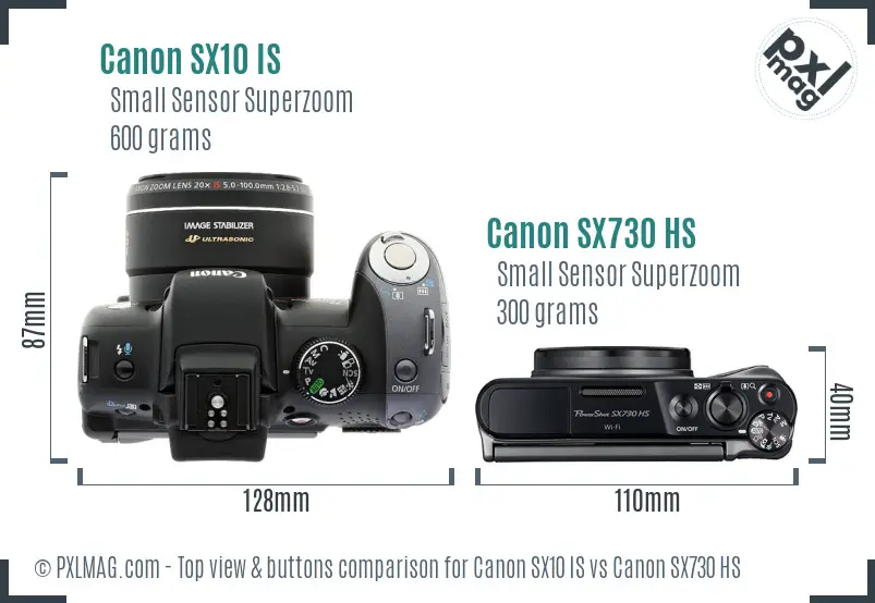 Canon SX10 IS vs Canon SX730 HS top view buttons comparison