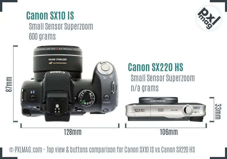 Canon SX10 IS vs Canon SX220 HS top view buttons comparison