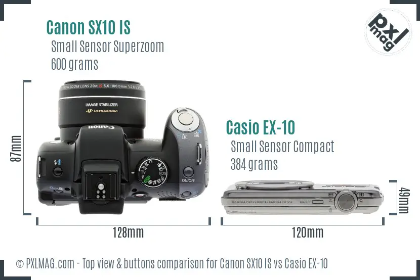 Canon SX10 IS vs Casio EX-10 top view buttons comparison