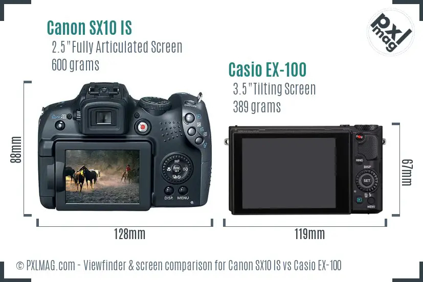 Canon SX10 IS vs Casio EX-100 Screen and Viewfinder comparison
