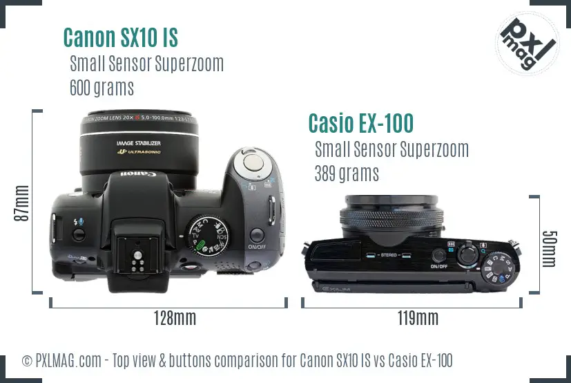 Canon SX10 IS vs Casio EX-100 top view buttons comparison