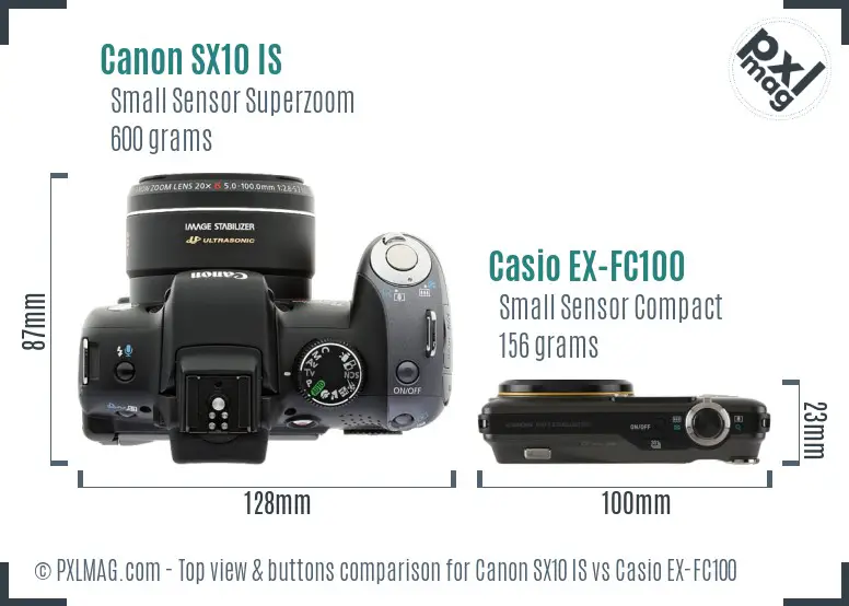 Canon SX10 IS vs Casio EX-FC100 top view buttons comparison