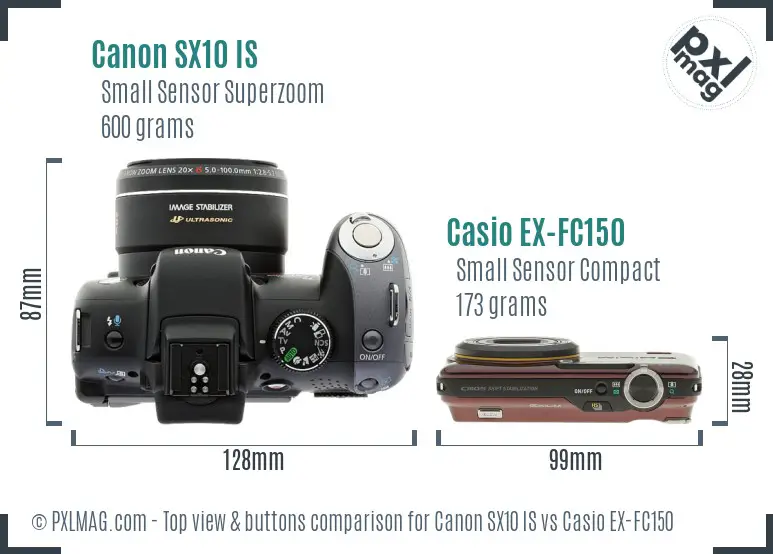 Canon SX10 IS vs Casio EX-FC150 top view buttons comparison Canon SX10 IS vs Casio EX-FC150 top view buttons comparison