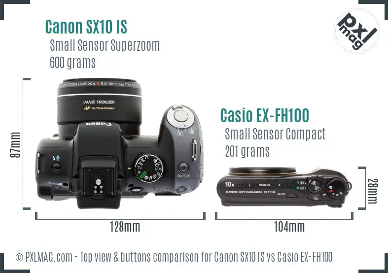 Canon SX10 IS vs Casio EX-FH100 top view buttons comparison Canon SX10 IS vs Casio EX-FH100 top view buttons comparison