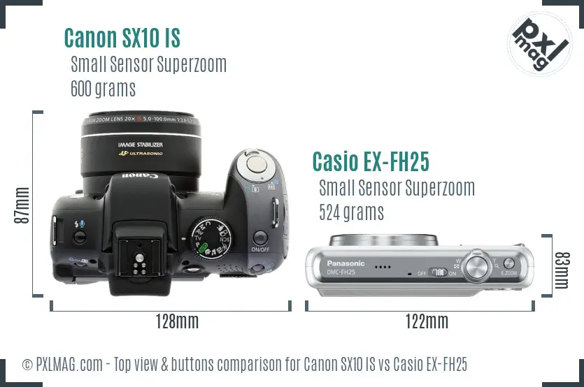 Canon SX10 IS vs Casio EX-FH25 top view buttons comparison
