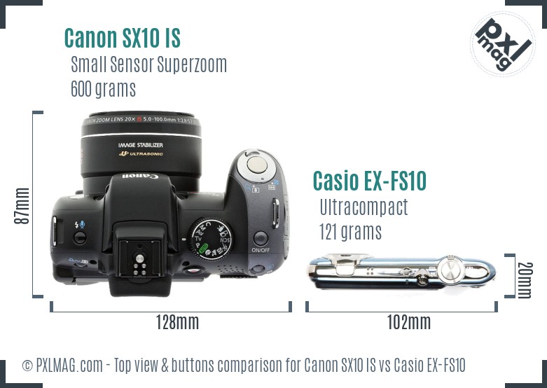 Canon SX10 IS vs Casio EX-FS10 top view buttons comparison