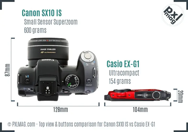 Canon SX10 IS vs Casio EX-G1 top view buttons comparison