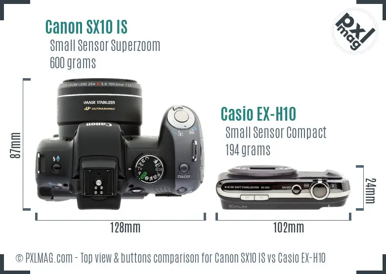 Canon SX10 IS vs Casio EX-H10 top view buttons comparison