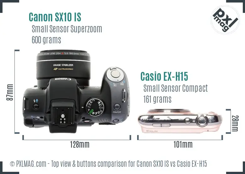 Canon SX10 IS vs Casio EX-H15 top view buttons comparison