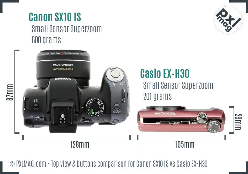 Canon SX10 IS vs Casio EX-H30 top view buttons comparison