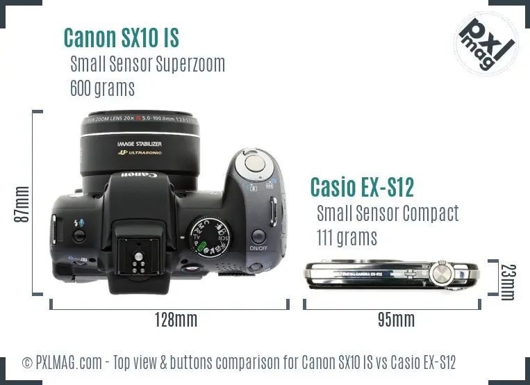 Canon SX10 IS vs Casio EX-S12 top view buttons comparison