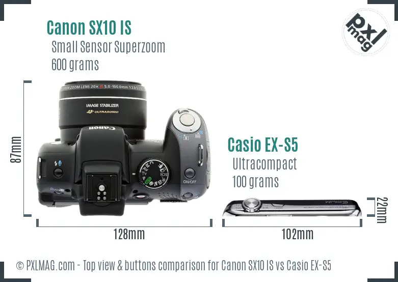 Canon SX10 IS vs Casio EX-S5 top view buttons comparison