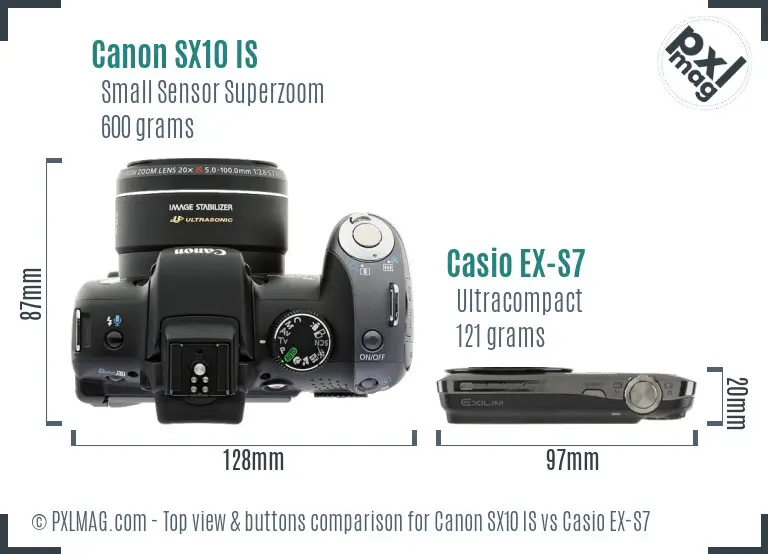 Canon SX10 IS vs Casio EX-S7 top view buttons comparison