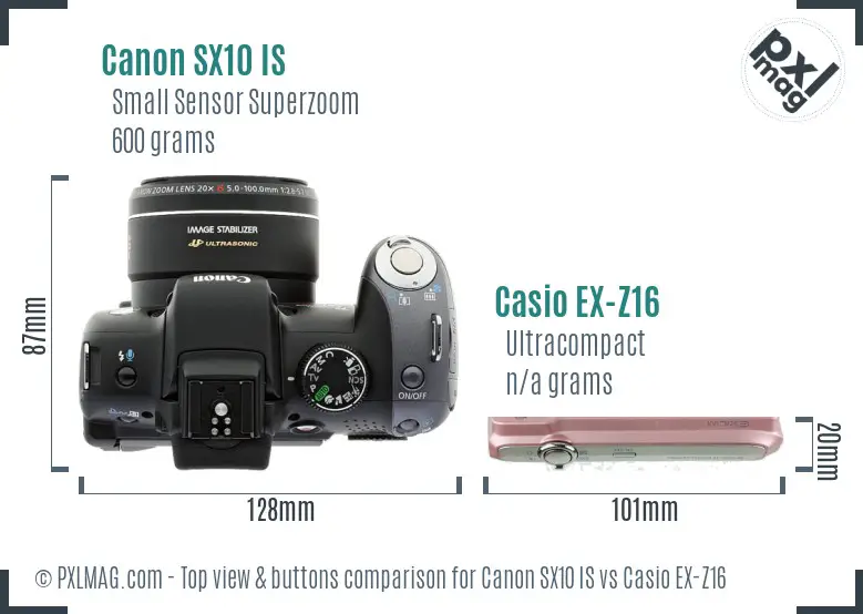 Canon SX10 IS vs Casio EX-Z16 top view buttons comparison