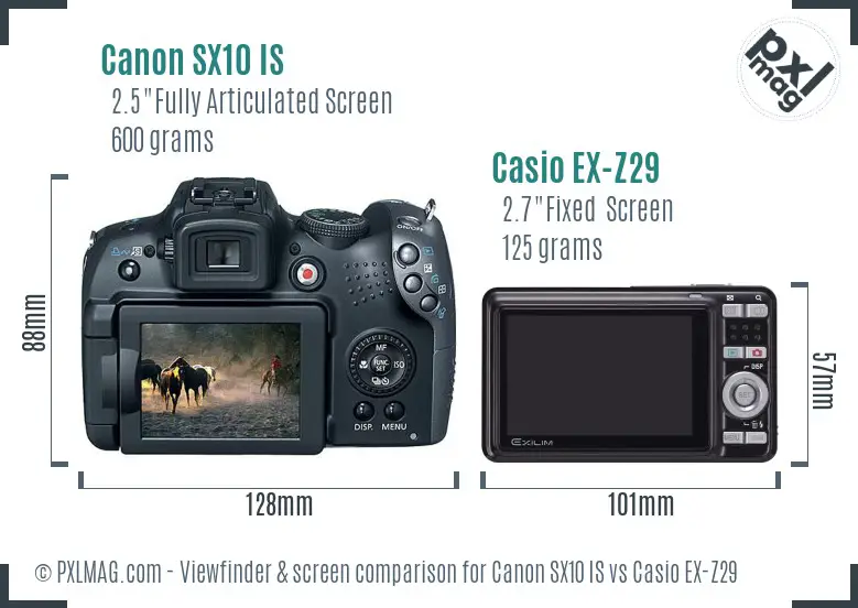 Canon SX10 IS vs Casio EX-Z29 Screen and Viewfinder comparison