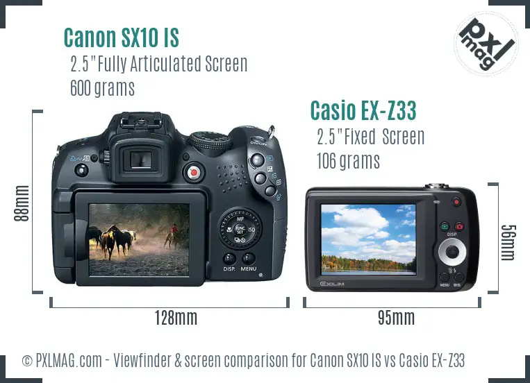 Canon SX10 IS vs Casio EX-Z33 Screen and Viewfinder comparison