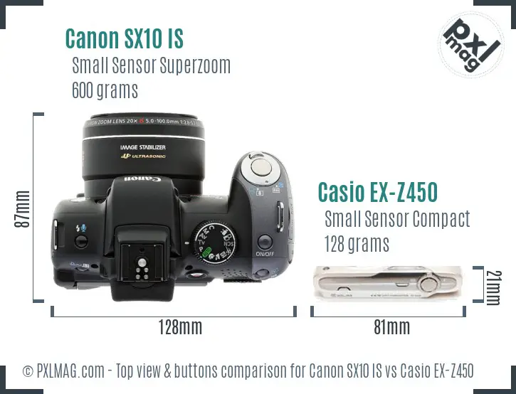 Canon SX10 IS vs Casio EX-Z450 top view buttons comparison