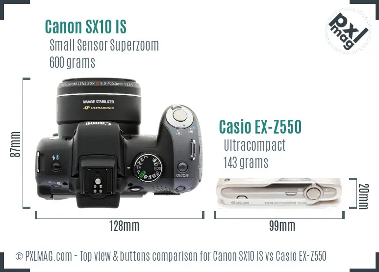 Canon SX10 IS vs Casio EX-Z550 top view buttons comparison