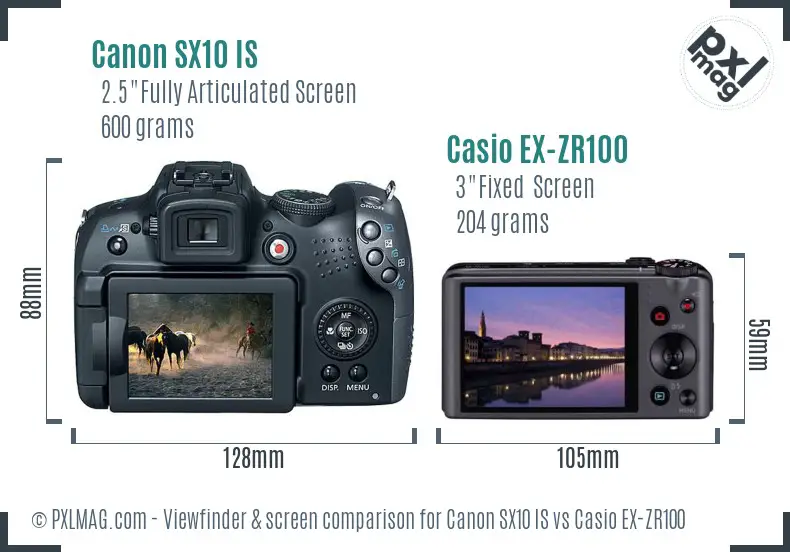 Canon SX10 IS vs Casio EX-ZR100 Screen and Viewfinder comparison