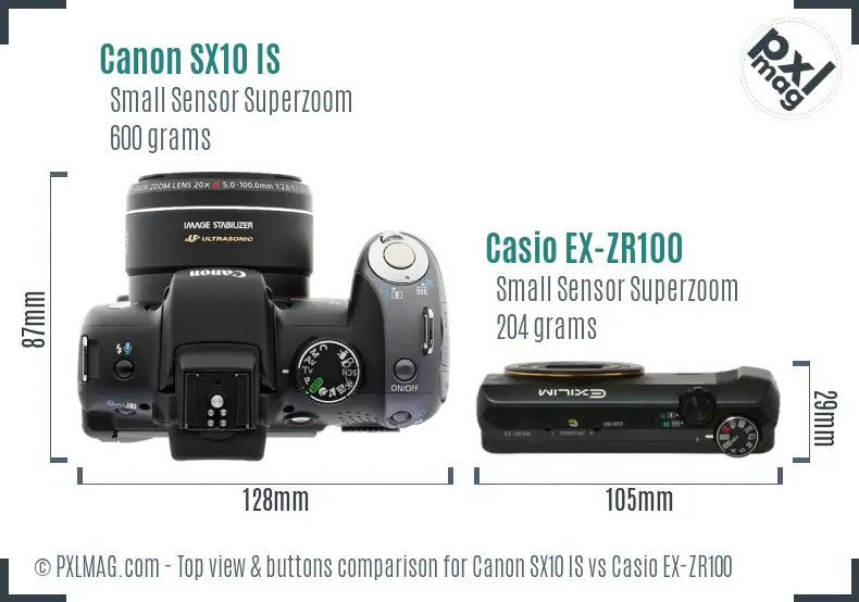 Canon SX10 IS vs Casio EX-ZR100 top view buttons comparison