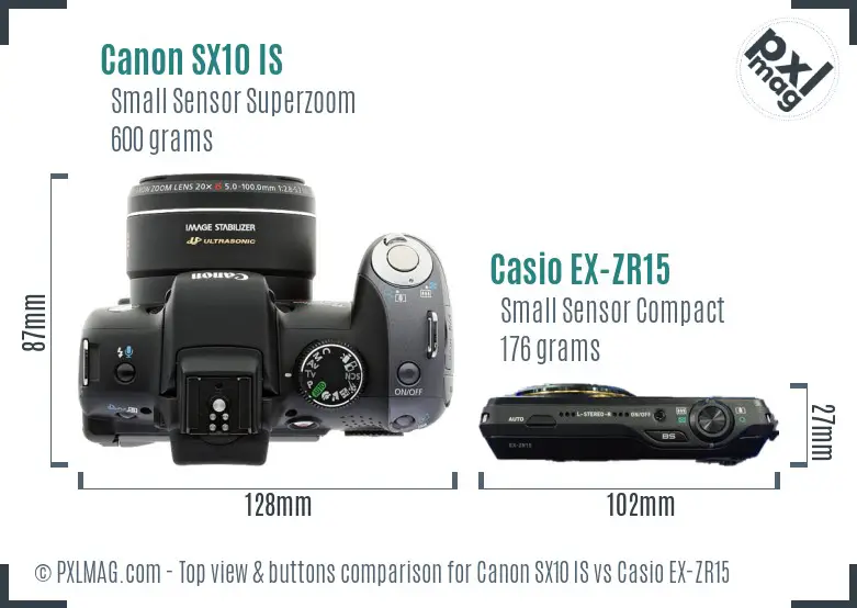 Canon SX10 IS vs Casio EX-ZR15 top view buttons comparison