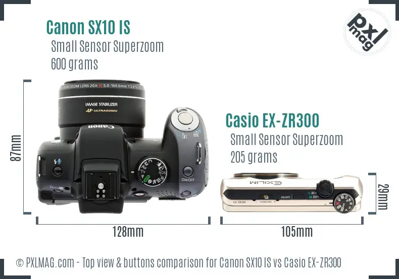 Canon SX10 IS vs Casio EX-ZR300 top view buttons comparison