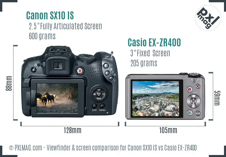 Canon SX10 IS vs Casio EX-ZR400 Screen and Viewfinder comparison