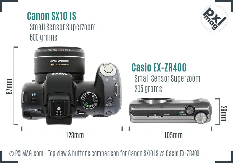 Canon SX10 IS vs Casio EX-ZR400 top view buttons comparison