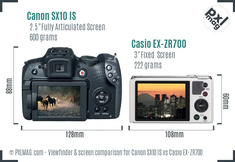 Canon SX10 IS vs Casio EX-ZR700 Screen and Viewfinder comparison