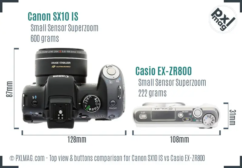 Canon SX10 IS vs Casio EX-ZR800 top view buttons comparison