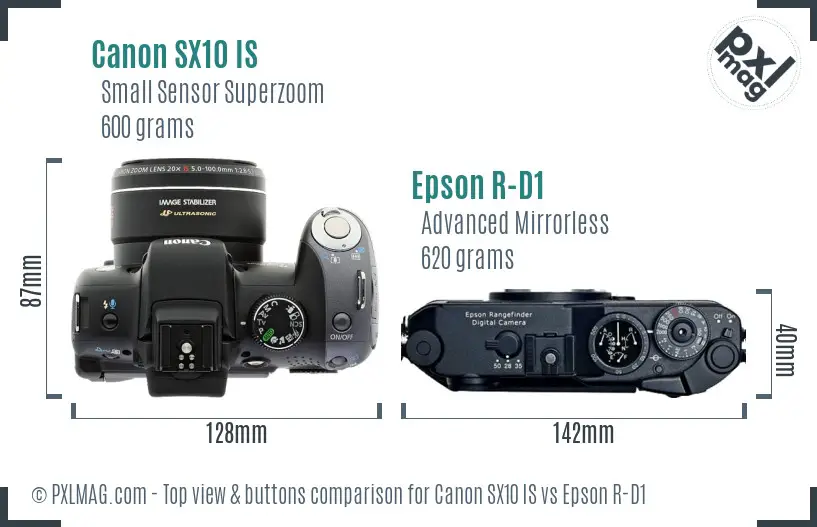 Canon SX10 IS vs Epson R-D1 top view buttons comparison