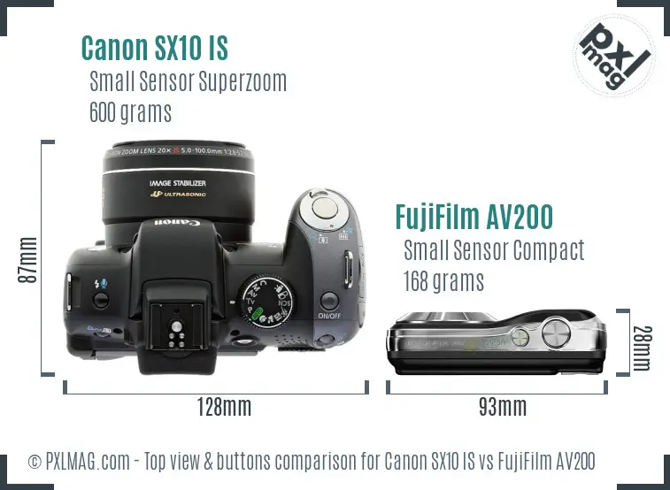 Canon SX10 IS vs FujiFilm AV200 top view buttons comparison