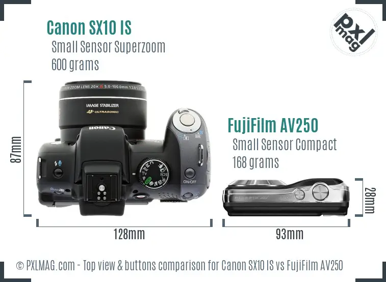 Canon SX10 IS vs FujiFilm AV250 top view buttons comparison