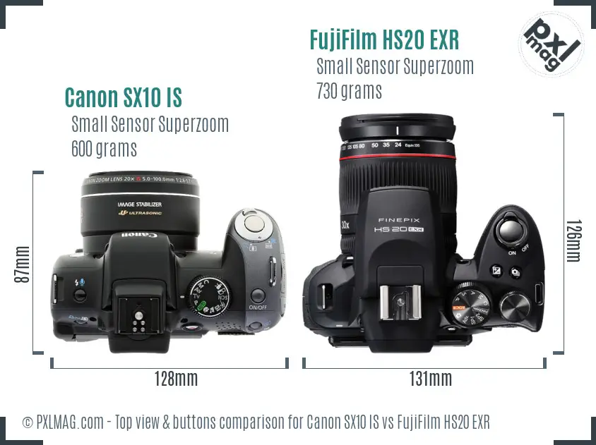 Canon SX10 IS vs FujiFilm HS20 EXR top view buttons comparison