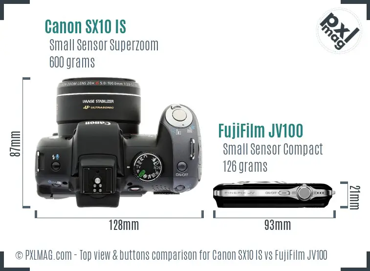 Canon SX10 IS vs FujiFilm JV100 top view buttons comparison Canon SX10 IS vs FujiFilm JV100 top view buttons comparison