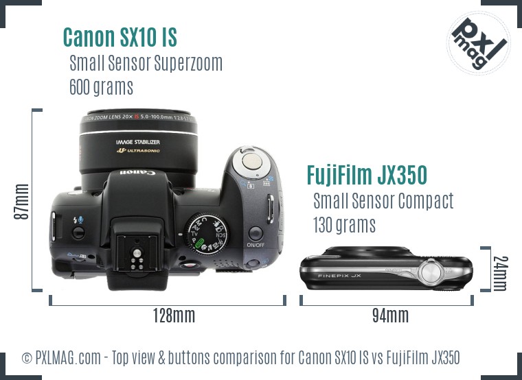 Canon SX10 IS vs FujiFilm JX350 top view buttons comparison