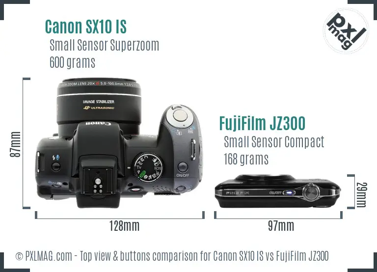 Canon SX10 IS vs FujiFilm JZ300 top view buttons comparison