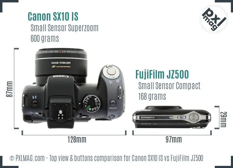 Canon SX10 IS vs FujiFilm JZ500 top view buttons comparison