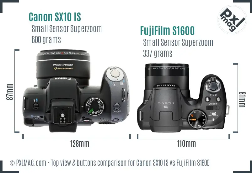 Canon SX10 IS vs FujiFilm S1600 top view buttons comparison