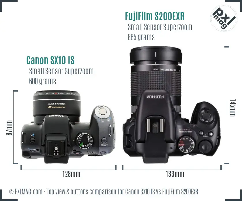 Canon SX10 IS vs FujiFilm S200EXR top view buttons comparison