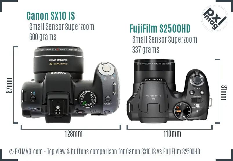 Canon SX10 IS vs FujiFilm S2500HD top view buttons comparison