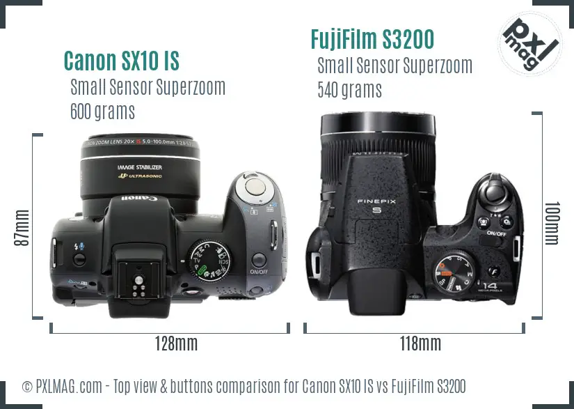 Canon SX10 IS vs FujiFilm S3200 top view buttons comparison Canon SX10 IS vs FujiFilm S3200 top view buttons comparison
