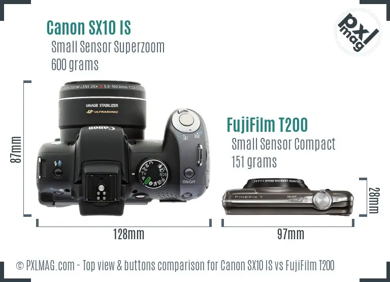 Canon SX10 IS vs FujiFilm T200 top view buttons comparison