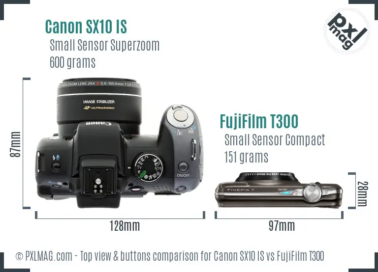Canon SX10 IS vs FujiFilm T300 top view buttons comparison Canon SX10 IS vs FujiFilm T300 top view buttons comparison