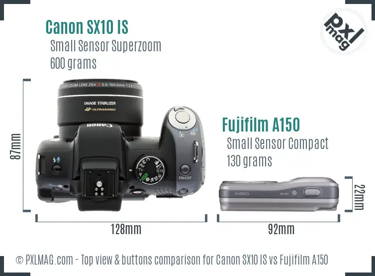 Canon SX10 IS vs Fujifilm A150 top view buttons comparison